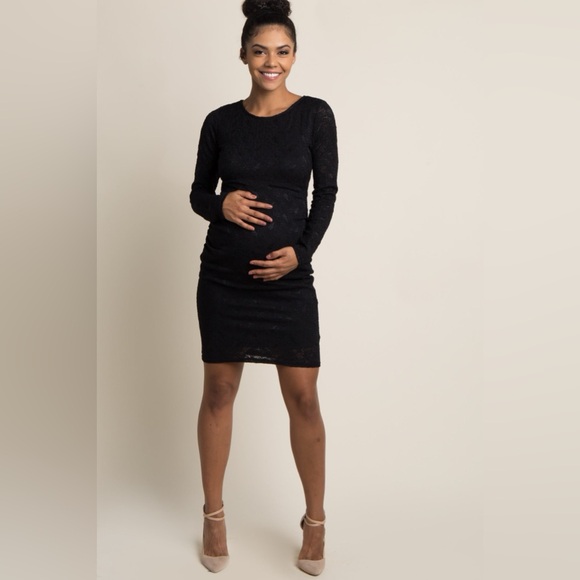 Pinkblush Black Lace Fitted Long Sleeve Maternity Dress Small - Picture 1 of 5